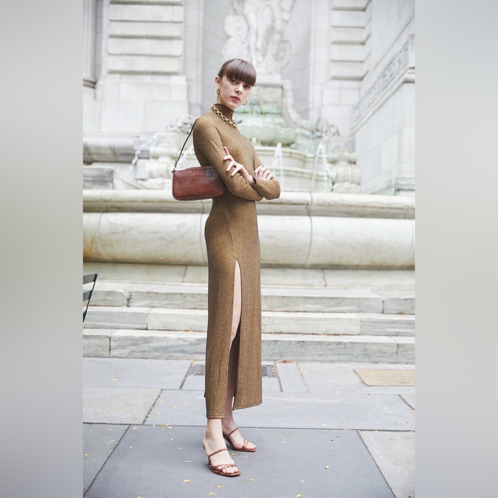 Capulet Elegant Brown Long Sleeve Mock Neck Dress